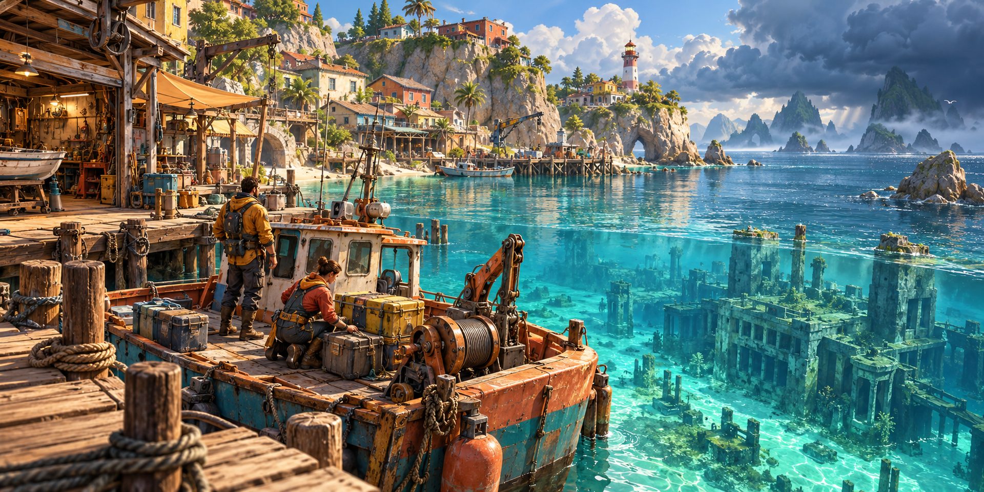 Concept art: a salvage workboat at a sunlit timber harbor, with drowned ruins under turquoise water