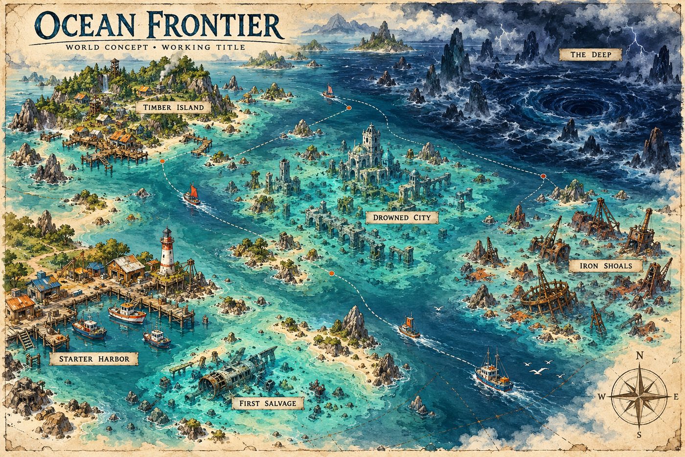 Concept world map: Starter Harbor, First Salvage, Timber Island, Drowned City, Iron Shoals and The Deep