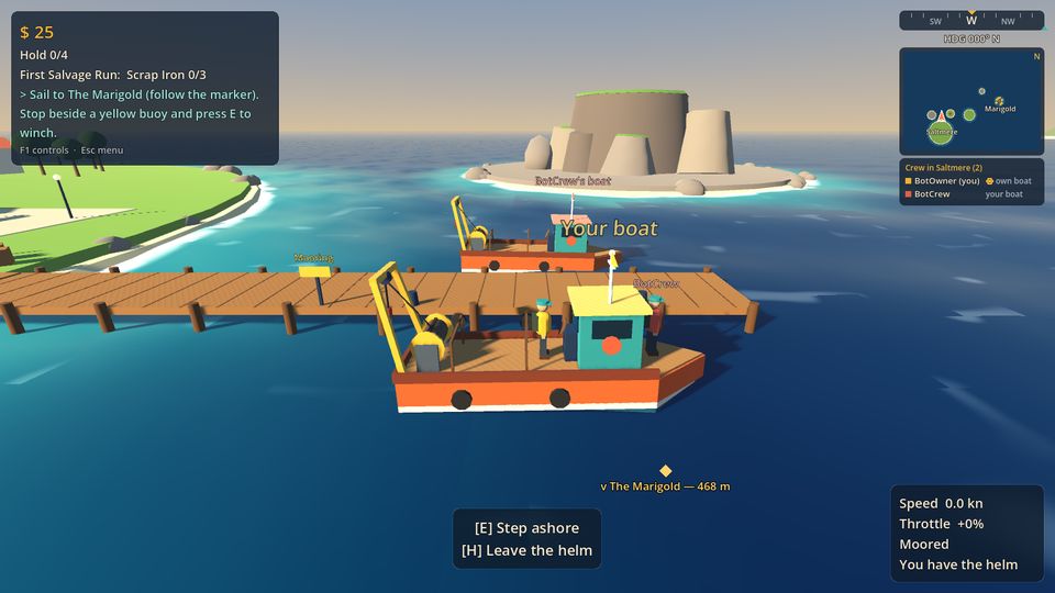 Prototype screenshot: two workboats moored side by side, with two crew members aboard one of them