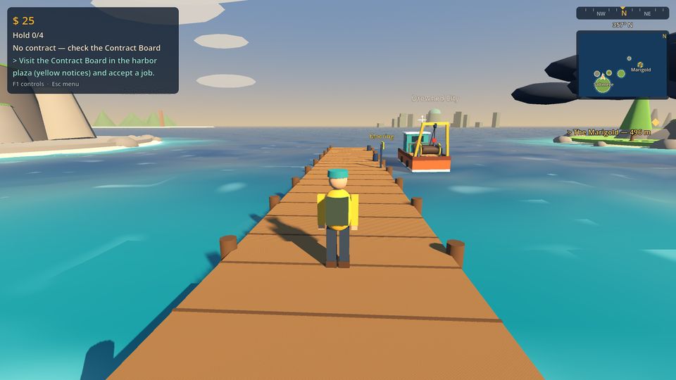Prototype screenshot: the player character on a timber pier with the workboat moored nearby