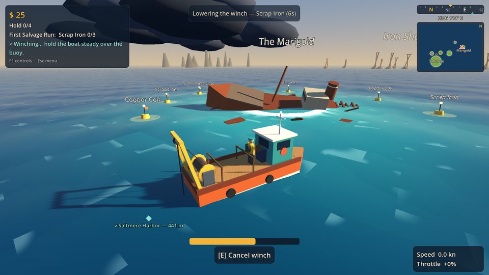 Prototype screenshot: the workboat winching cargo beside a half-sunk wreck and yellow marker buoys